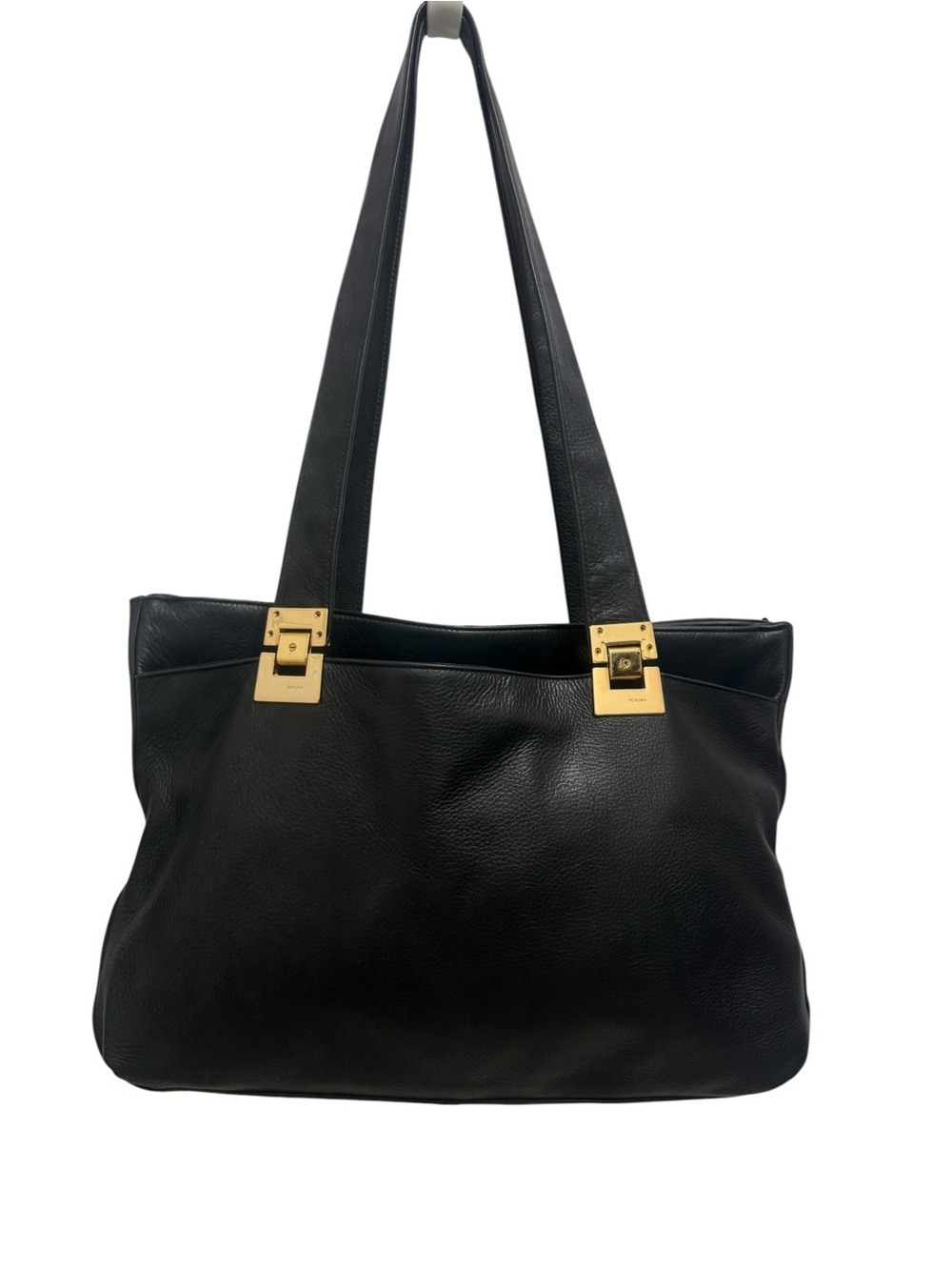 Perlina Black Leather Tote Bag with Gold Hardware